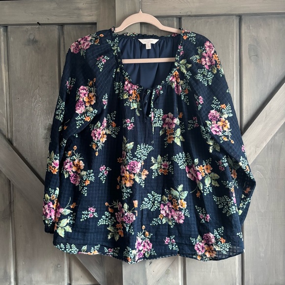LC Lauren Conrad Tops - Lauren Conrad Navy Blue Plaid Floral Peasant Blouse Size L Spring semi sheer